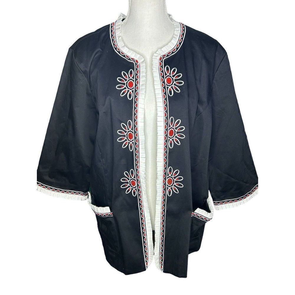 Bob Mackie Women's 1X Black Abstract Floral Embroidered Open Front Blazer Artsy
